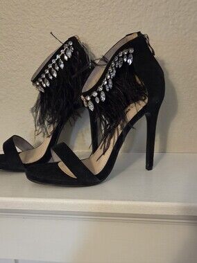 Fashion Nova Black Feather & Crystal Ankle Strap High Heels